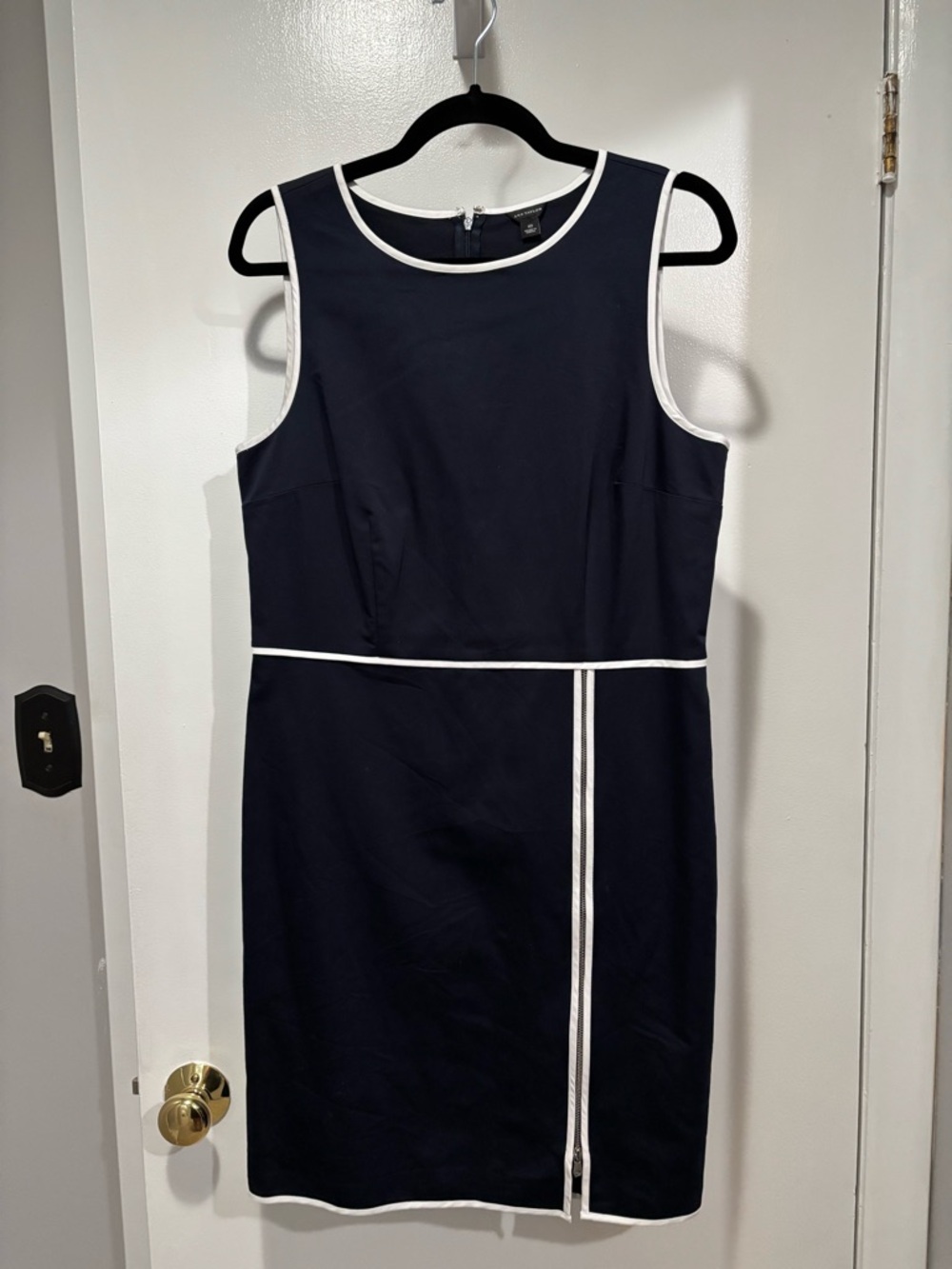 Ann Taylor Navy Midi Sheath Dress with White Trim
